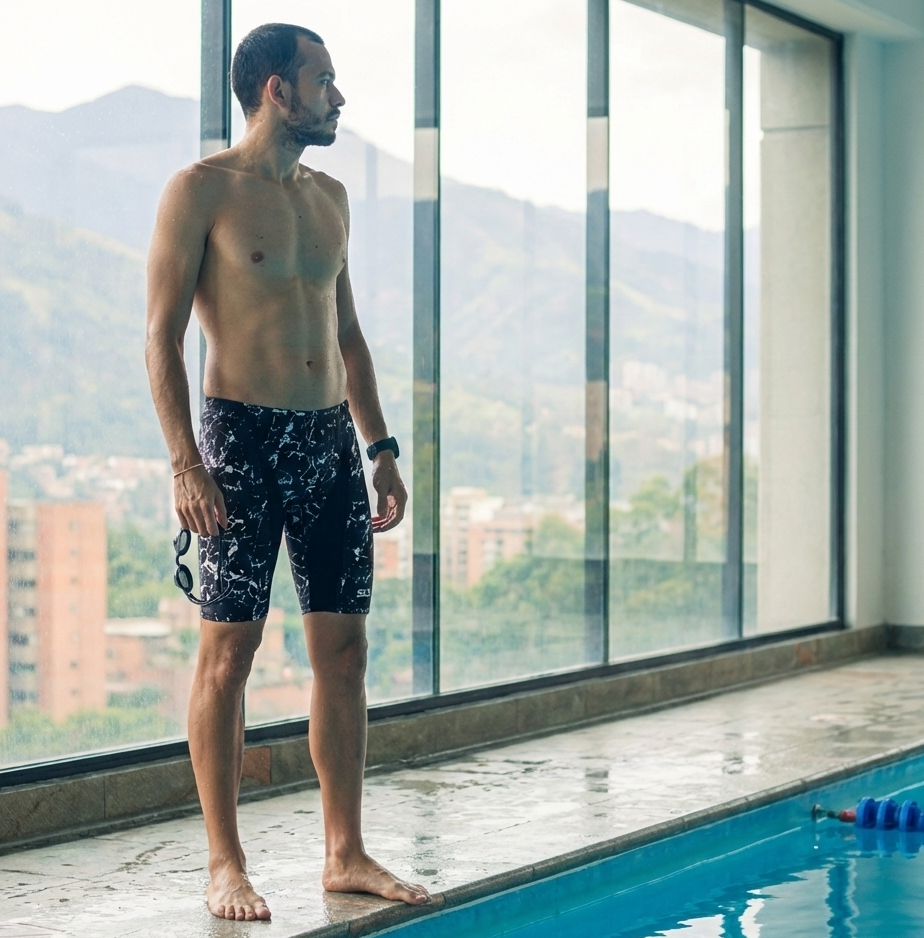 Man standing by a pool with mountains visible through large windows
