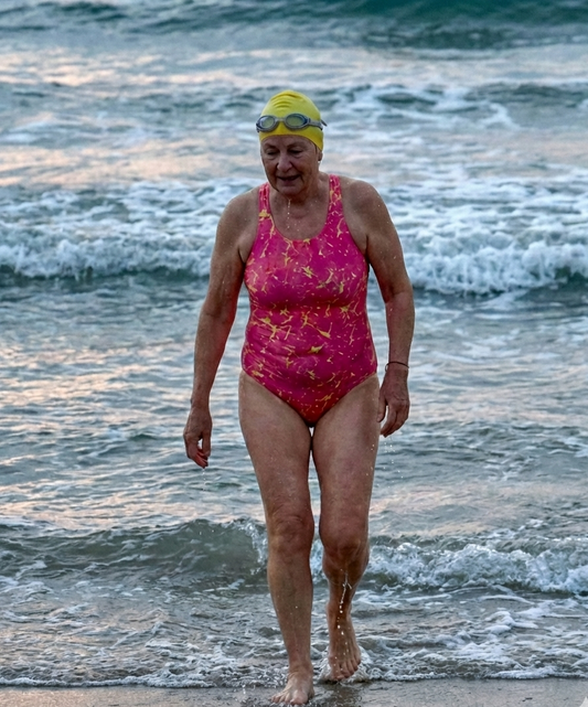 Person in a pink swimsuit and yellow cap walking on a beach with ocean waves in the background
