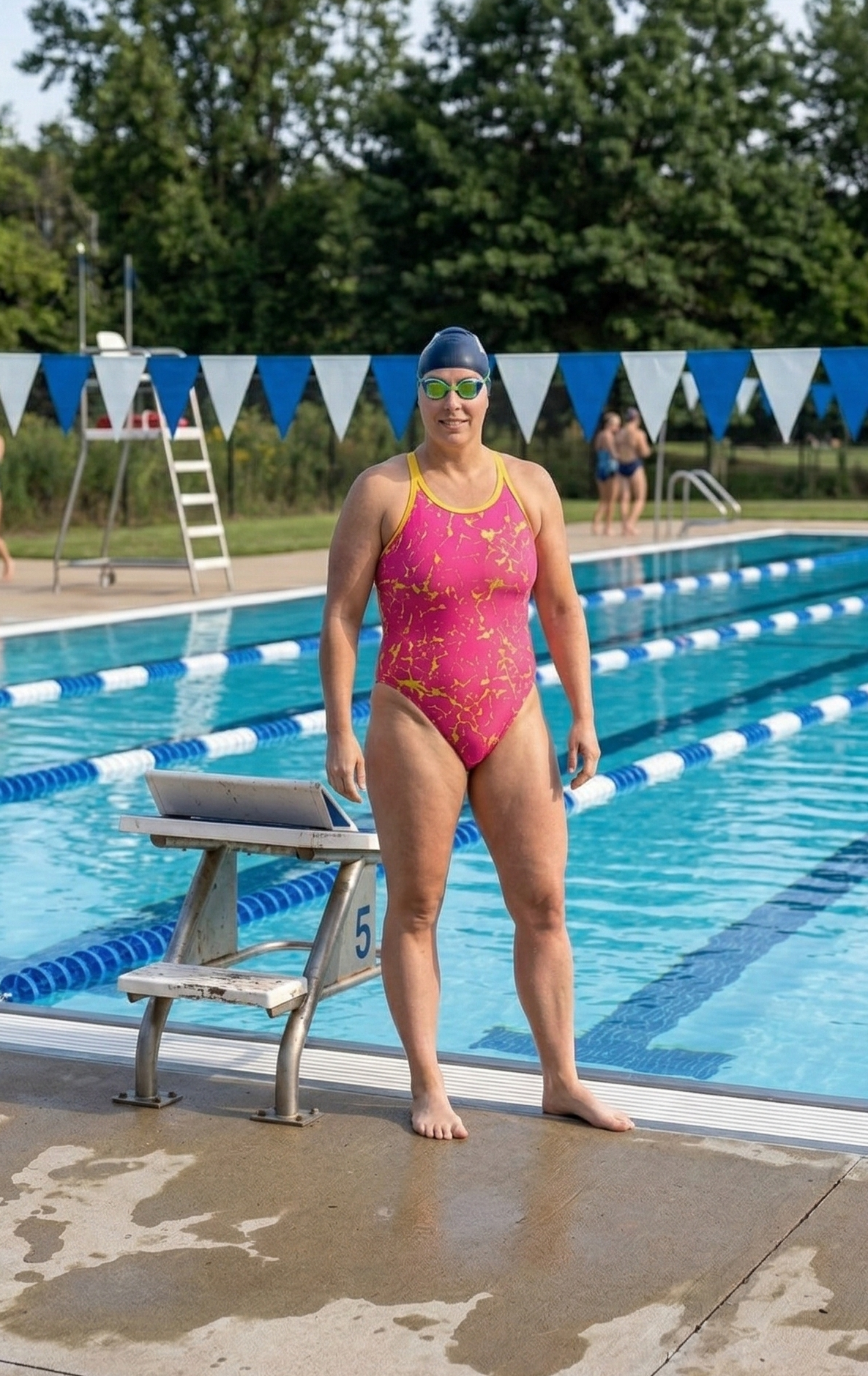 Person in a pink swimsuit standing by a pool with a lifeguard stand.
