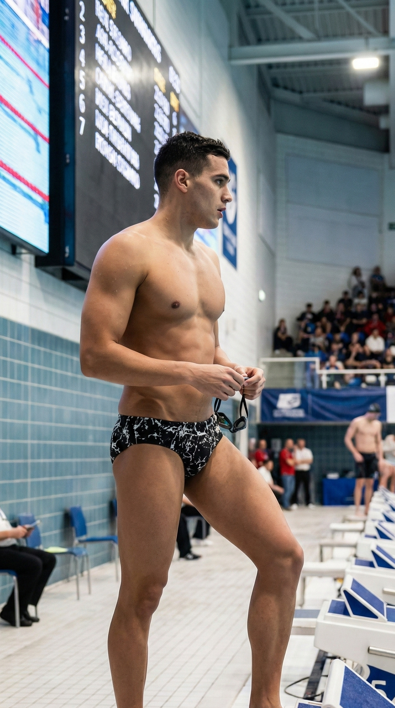 Man preparing to dive in a swimming pool with spectators and poolside equipment in the background.